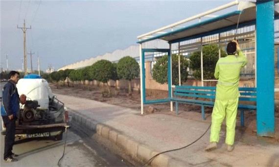 شستشو و ضد عفونی ایستگاه‌های اتوبوس در اهواز